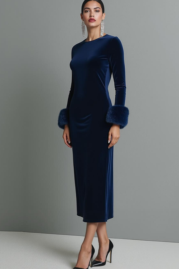 Dark Blue Round Neck Velvet Sheath Maxi Formal Dress with Sleeves